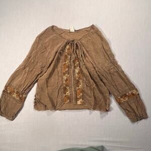 J.Jill Petite Boho Fairycore Artsy Embroidered Brown Peasant Top SP Floral Tunic